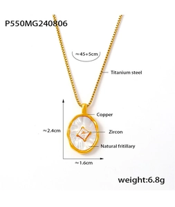 Detail view of oval mother of pearl pendant with zircon inlay on titanium steel chain