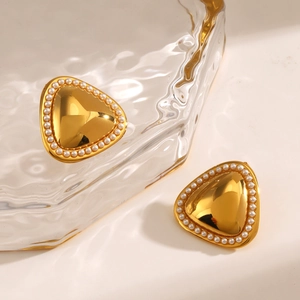 Boucles d'oreilles triangle dorées style vintage français avec incrustation perles