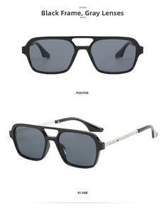 Detail of black frame grey lens sunglasses with stylish double bridge square design