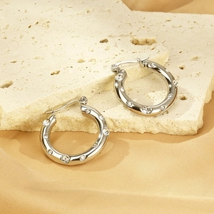 Polished silver U-shaped titanium steel hoop earrings with sparkling rhinestones for women