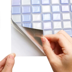 Self-adhesive 3D blue and white mosaic wall sticker with peel-off silver backing