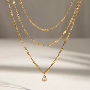 Triple Layered Necklace Stainless Steel Gold Plated Teardrop Cubic Zirconia Pendant Waterproof Hypoallergenic For Women