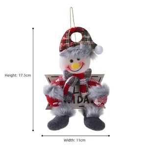 Plush Christmas snowman pendant with red plaid hat and wooden Navidad star, 17.5cm tall