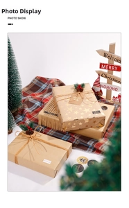 Detail of Christmas brown kraft paper gift wrap with gold stars, pine cones and rustic twine