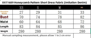 Detailed size chart for tiered honeycomb denim effect mini dress showing measurements