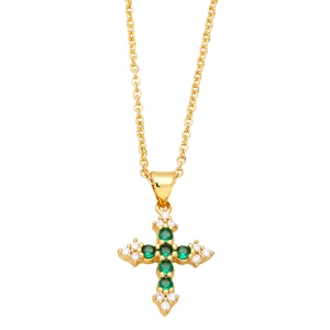 Elegante goldene Kreuzkette mit grünen Zirkonsteinen und weißen Kristallakzenten
