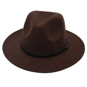 Classic dark brown felt fedora hat with wide brim and elegant leather belt buckle decor