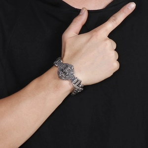 Detail shot of vintage 304 stainless steel skull bracelet for men in punk rock style