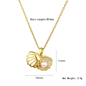 Locket shell pendant necklace with white pearl and cubic zirconia in gold finish