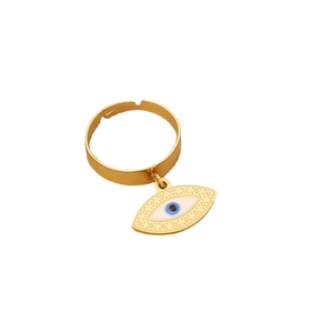 Adjustable gold ring with turquoise blue evil eye enamel pendant and beaded edges