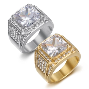 Men Hip Hop 316 Stainless Steel Gold Plated Ring Large Square Rhinestone Pave Geometric Fashion Jewelry Band Ring
