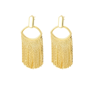 Golden industrial fringe earrings with sleek metal tassels and zircon accents in a modern style