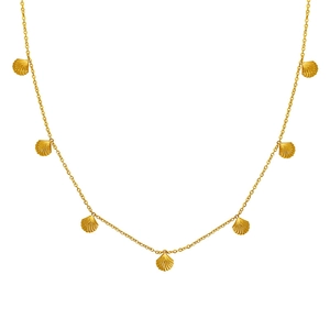 Elegant gold choker necklace with seven delicate shell pendants and textured finishes