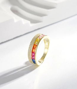 Close-up of S925 sterling silver ring with gradient rainbow gems and 925 hallmark