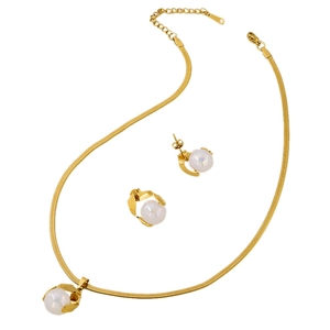 Golden stainless steel snake chain necklace and pearl stud earrings jewelry set