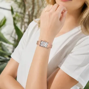 Elegant ladies rose gold square wristwatch featuring Roman numerals and a mesh steel strap
