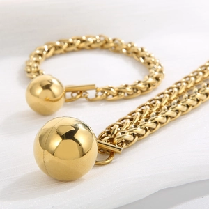Gold dragon bone chain jewelry set with large bead and T-bar toggle clasp for women