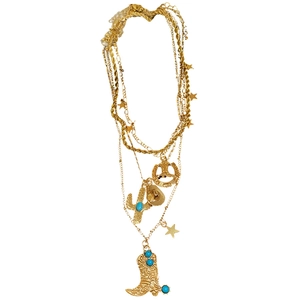 Layered gold cowboy theme necklace with western boot, cactus, and horseshoe charms