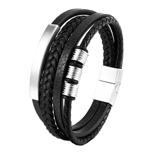 Detail of multi-layer braided black leather bracelet with silver stainless steel magnetic clasp
