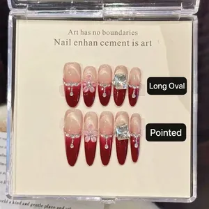 Handmade Press On Nails Wine Red Cat Eye Gradient 3D Flower Relief Rhinestone Artificial Pearl Long Stiletto Fake Nails