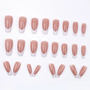 Faux ongles French Coffin classiques en rose nude et blanc brillant, lot de 24