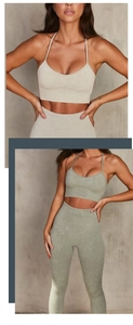 Detail of acid wash texture on seamless yoga bra and high waist leggings fitness set
