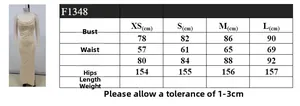 Size chart detail for elegant backless evening gown with bust waist and hip measurements