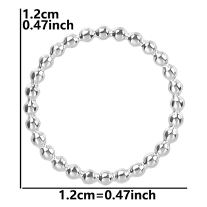 Detailed view of silver beaded ring showing 1.2cm diameter measurement and metal texture