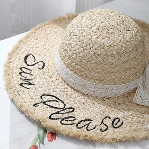 Raffia sun hat with wave edge, lace ribbon, and Sun Please embroidery for summer beach travel