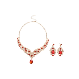 Vintage red teardrop pendant necklace and earring set with white rhinestones
