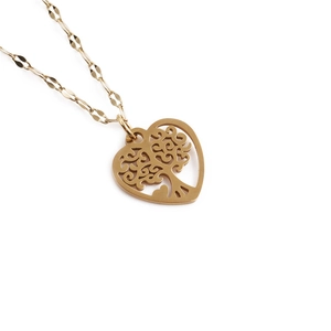 Gold stainless steel tree of life heart pendant necklace for women on white background