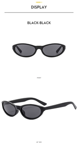 Front and 45-degree side macro view of black vintage narrow oval cat eye sunglasses
