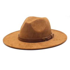 Classic tan faux suede wide brim western cowboy hat with a decorative leather buckle band