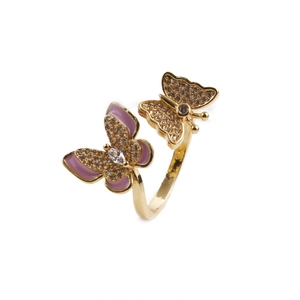 Adjustable golden ring with double purple enamel butterflies and micro zircon accents