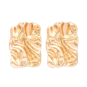 Golden geometric earrings with crumpled metallic texture and irregular square shape
