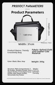 Detailed technical specification and size parameters table for waterproof crossbody bag