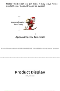 Detailed size view of a skiing Santa Claus brooch with 4cm measurements and red enamel finish