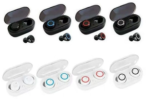 Detailed grid view of TWS wireless earbuds in eight various color options and charging cases