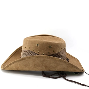 Brown vintage American cowboy hat with breathable mesh and rivets on white background