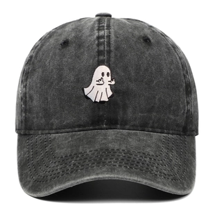 Vintage washed charcoal gray baseball cap with ghost embroidery and curved brim