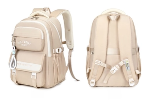 Detail of beige nylon backpack showing side view and back with breathable shoulder straps