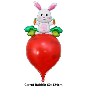 Detailed view of white cartoon rabbit sitting on a red carrot balloon, size 60x124cm