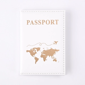 White PU leather passport holder with rose gold world map and passport lettering