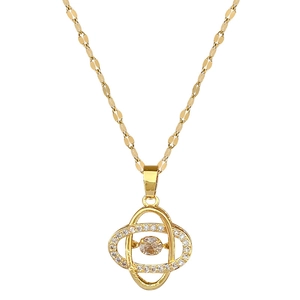 Elegant gold titanium steel clover necklace with sparkling zirconia geometric pendant