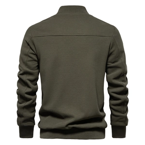 Detailed back view of army green waffle knit jacket with stand collar and ribbed hem