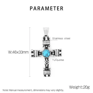 Macro view of titanium steel cross pendant with turquoise inlay and vintage crown details