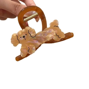 Cute brown and pearl teddy dog hair claw clip made of acetate for women styling