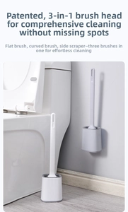 Detailed 3-in-1 TPR toilet brush with flat, curved, and scraper heads for deep cleaning