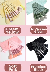 Detail of 13-piece makeup brush sets in four colors with matching velvet pouches