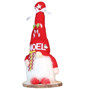 Red and white Christmas gnome with Noel hat and star top on wood base decoration